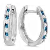 0.20 Carat (ctw) 10K White Gold Round White And Blue Diamond Ladies Hoop Earrings 1/5 CT
