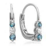 0.25 Carat (ctw) 10K White Gold Round Blue and White Diamond Ladies 3 Stone Hoop Earrings 1/4 CT