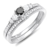0.45 Carat (ctw) 10k White Gold Round Black And White Diamond Ladies 5 Stone Bridal Engagement Ring Matching Band Set