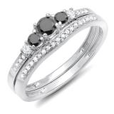 0.45 Carat (ctw) 10k White Gold Round Black And White Diamond Ladies 5 Stone Bridal Engagement Ring Matching Band Set