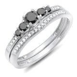 0.45 Carat (ctw) 18k White Gold Round Black And White Diamond Ladies 5 Stone Bridal Engagement Ring Matching Band Set
