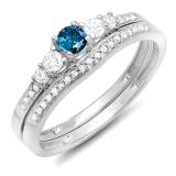 0.45 Carat (ctw) 14k White Gold Round Blue And White Diamond Ladies 5 Stone Bridal Engagement Ring Matching Band Set
