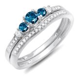 0.45 Carat (ctw) 10k White Gold Round Blue And White Diamond Ladies 5 Stone Bridal Engagement Ring Matching Band Set