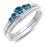 0.45 Carat (ctw) 14k White Gold Round Blue And White Diamond Ladies 5 Stone Bridal Engagement Ring Matching Band Set
