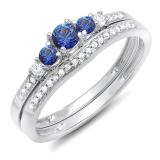 0.45 Carat (ctw) 10k White Gold Round Blue Sapphire And White Diamond Ladies 5 Stone Bridal Engagement Ring Matching Band Set