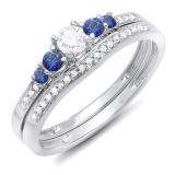 0.45 Carat (ctw) 10k White Gold Round Blue Sapphire And White Diamond Ladies 5 Stone Bridal Engagement Ring Matching Band Set