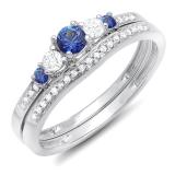 0.45 Carat (ctw) 14k White Gold Round Blue Sapphire And White Diamond Ladies 5 Stone Bridal Engagement Ring Matching Band Set