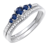 0.45 Carat (ctw) 14k White Gold Round Blue Sapphire And White Diamond Ladies 5 Stone Bridal Engagement Ring Matching Band Set