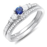 0.45 Carat (ctw) 10k White Gold Round Blue Sapphire And White Diamond Ladies 5 Stone Bridal Engagement Ring Matching Band Set