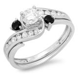 0.90 Carat (ctw) 10k White Gold Round Black And White Diamond Ladies Swirl Bridal Engagement Ring Matching Band Set