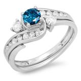 0.90 Carat (ctw) 10k White Gold Round Blue And White Diamond Ladies Swirl Bridal Engagement Ring Matching Band Set