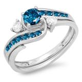 0.90 Carat (ctw) 10k White Gold Round Blue And White Diamond Ladies Swirl Bridal Engagement Ring Matching Band Set