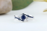 0.90 Carat (ctw) 14k White Gold Round Blue Sapphire And White Diamond Ladies Swirl Bridal Engagement Ring Matching Band Set