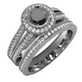 1.25 Carat (ctw) Black Rhodium Plated 18k White Gold Round White And Black Diamond Ladies Split Shank Halo Style Bridal Engagement Ring Set With Matching Band 1 1/4 CT