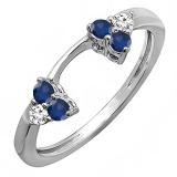 Round Blue Sapphire & White Diamond Anniversary Wedding Ring Matching Guard Band for Women (White Diamond 0.10 ctw Color I-J Clarity I2-I3) in 10K White Gold