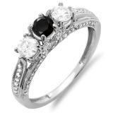 1.00 Carat (ctw) 14k White Gold Round White And Black Diamond Ladies Vintage Bridal 3 Stone Engagement Ring