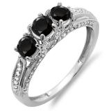 1.00 Carat (ctw) 10k White Gold Round White And Black Diamond Ladies Vintage Bridal 3 Stone Engagement Ring
