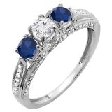 1.00 Carat (ctw) 14k White Gold Round White Diamond And Blue Sapphire Ladies Vintage Bridal 3 Stone Engagement Ring