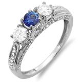 1.00 Carat (ctw) 14k White Gold Round White Diamond And Blue Sapphire Ladies Vintage Bridal 3 Stone Engagement Ring