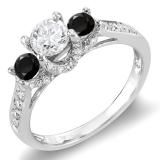 1.00 Carat (ctw) 10k White Gold Round White And Black Diamond 3 Stone Ladies Bridal Engagement Ring