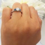1.00 Cttw 3 Stone Bridal Engagement Ring for Her with Round White & Blue Diamond (Center 0.50 ct) in 14K White Gold