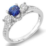 1.00 Carat (ctw) 10k White Gold Round White Diamond And Blue Sapphire 3 Stone Ladies Bridal Engagement Ring
