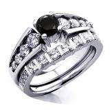 1.75 Carat (ctw) 10k White Gold Princess & Round White And Black Diamond Ladies Bridal Ring Set Engagement Set