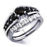 1.75 Carat (ctw) 14k White Gold Princess & Round White And Black Diamond Ladies Bridal Ring Set Engagement Set