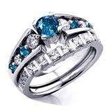 1.55 Carat (ctw) 14k White Gold Princess & Round White And Blue Diamond Ladies Bridal Ring Set Engagement Set 1 1/2 CT