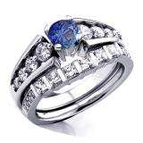 1.54 Carat (ctw) 10k White Gold Princess & Round White Diamond And Blue Sapphire Ladies Bridal Ring Set Engagement Set 1 1/2 CT