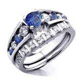 1.54 Carat (ctw) 14k White Gold Princess & Round White Diamond And Blue Sapphire Ladies Bridal Ring Set Engagement Set 1 1/2 CT