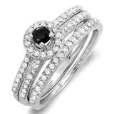 0.75 Carat (ctw) 10k White Gold Round Black & White Diamond Ladies Halo Bridal Engagement Ring Matching Band Set 3/4 CT