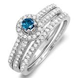0.75 Carat (ctw) 10k White Gold Round Blue & White Diamond Ladies Halo Bridal Engagement Ring Matching Band Set 3/4 CT