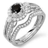 1.00 Carat (ctw) 10k White Gold Round Black & White Diamond Ladies Halo Bridal Engagement Ring Set Matching Band 0.40 CT Center included