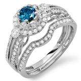 1.00 Carat (ctw) 10k Yellow Gold Round Blue & White Diamond Ladies Halo Bridal Engagement Ring Set Matching Band 0.40 CT Center included