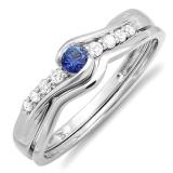 0.25 Carat (ctw) 18k White Gold Round Blue Sapphire And White Diamond Ladies Bridal Promise Engagement Wedding Set Ring with Matching Band 1/4 CT