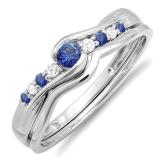 0.25 Carat (ctw) 14k White Gold Round Blue Sapphire And White Diamond Ladies Bridal Promise Engagement Wedding Set Ring with Matching Band 1/4 CT