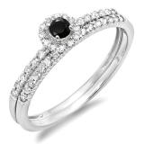 0.33 Carat (ctw) 14k White Gold Round Black And White Diamond Ladies Halo Style Bridal Engagement Ring Matching Band Set 1/3 CT