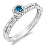 0.33 Carat (ctw) 10k White Gold Round Blue And White Diamond Ladies Halo Style Bridal Engagement Ring Matching Band Set 1/3 CT