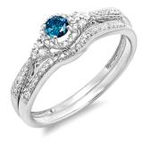 0.33 Carat (ctw) 10k White Gold Round Blue And White Diamond Ladies Halo Style Bridal Engagement Ring Matching Band Set 1/3 CT