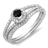 0.45 Carat (ctw) 10k White Gold Round Black And White Diamond Ladies Bridal Halo Style Engagement Ring With Wedding Band Set 1/2 CT