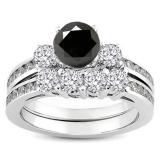 1.15 Carat (ctw) 10k White Gold Round Black & White Diamond Ladies Bridal Engagement Ring Matching Band Set