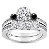 1.15 Carat (ctw) 14k White Gold Round Black & White Diamond Ladies Bridal Engagement Ring Matching Band Set
