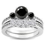 1.15 Carat (ctw) 14k White Gold Round Black & White Diamond Ladies Bridal Engagement Ring Matching Band Set