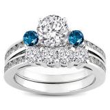 1.15 Carat (ctw) 10k White Gold Round Blue & White Diamond Ladies Bridal Engagement Ring Matching Band Set