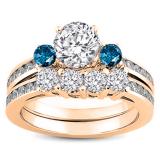 1.15 Carat (ctw) 14k White Gold Round Blue & White Diamond Ladies Bridal Engagement Ring Matching Band Set