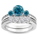 1.15 Carat (ctw) 10k White Gold Round Blue & White Diamond Ladies Bridal Engagement Ring Matching Band Set