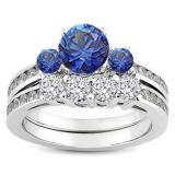1.15 Carat (ctw) 14k White Gold Round Blue Sapphire & White Diamond Ladies Bridal Engagement Ring Matching Band Set
