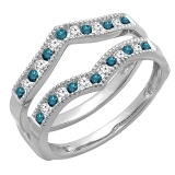 0.45 Carat (ctw) 10k White Gold Round White & Blue Diamond Ladies Milgrain Anniversary Wedding Band Guard Double Ring 1/2 CT