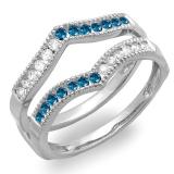0.45 Carat (ctw) 14k White Gold Round White & Blue Diamond Ladies Milgrain Anniversary Wedding Band Guard Double Ring 1/2 CT
